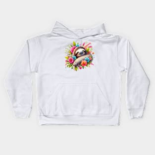 A sloth decorated with beautiful colorful flowers. Kids Hoodie